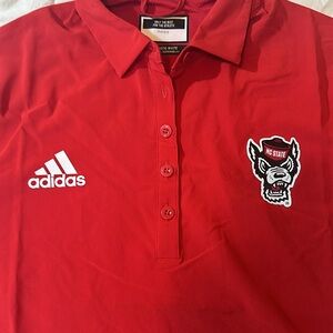NWT NCAA NC STATE WOLF PACK TUFFY ADIDAS brand polo. Red. Buttons. Logos. Wms!